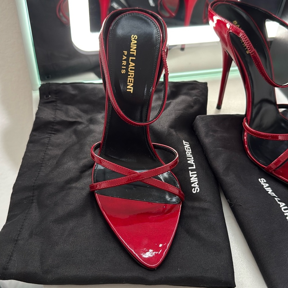 Saint Laurent Red Patent Leather Strappy Pointed Toe Heels - Picture 4 of 7
